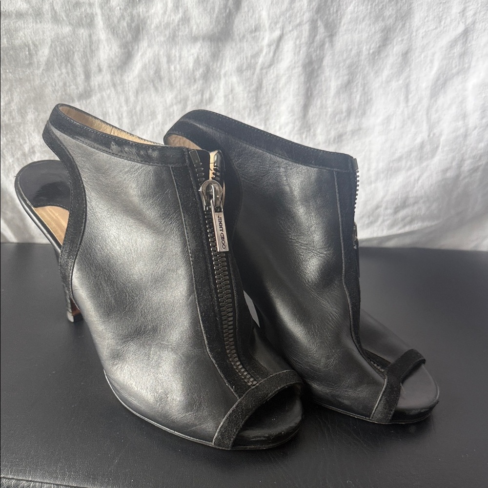 Jimmy Choo Black Leather Peep-Toe Heeled Boots